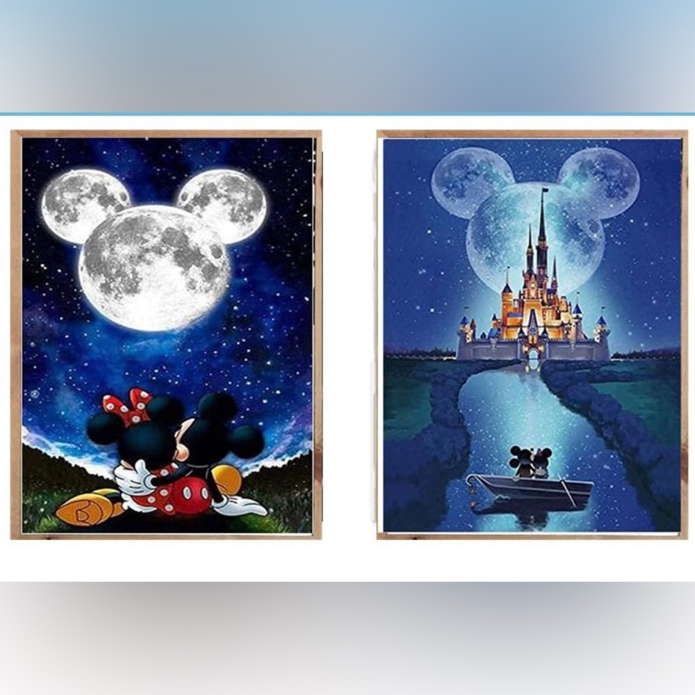New set of 2 Disney Diamond Art Mickey and Minnie Moonlit, 12”x16”